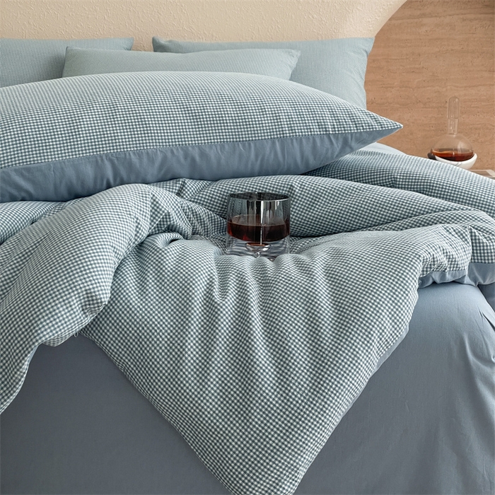 91家纺网 家纺一手货源 找家纺 曲之慕 2025新款简约纯色全棉纯棉色织水洗棉四件套 维希格调-蓝