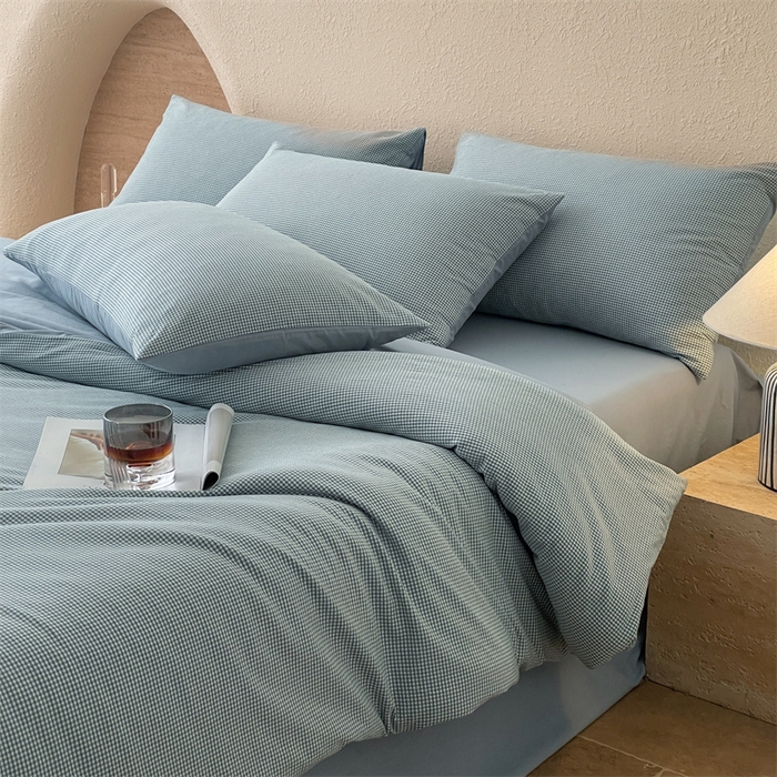 91家纺网 家纺一手货源 找家纺 曲之慕 2025新款简约纯色全棉纯棉色织水洗棉四件套 维希格调-蓝