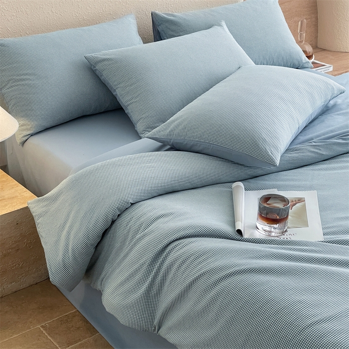 91家纺网 家纺一手货源 找家纺 曲之慕 2025新款简约纯色全棉纯棉色织水洗棉四件套 维希格调-蓝