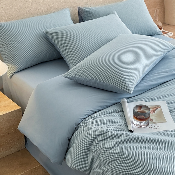 91家纺网 家纺一手货源 找家纺 曲之慕 2025新款简约纯色全棉纯棉色织水洗棉四件套 维希格调-蓝