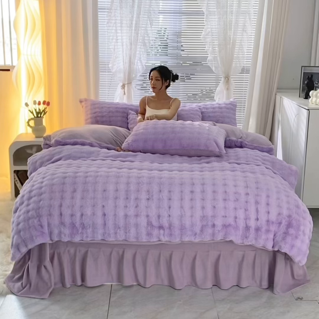 91家纺网 家纺一手货源 找家纺 晚悠家纺 2025新款兔毛绒大泡泡牛奶绒七彩泡泡款四件套 兔毛泡泡-紫