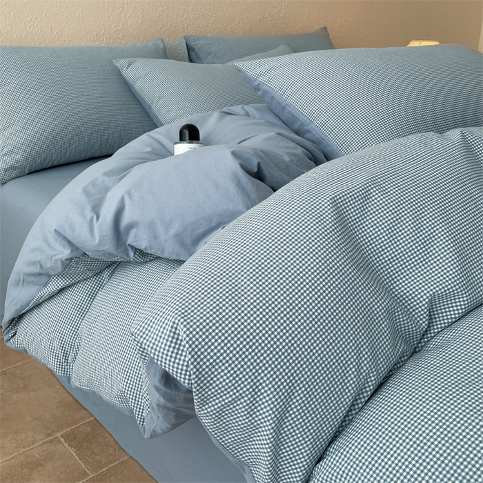 91家纺网 家纺一手货源 找家纺 曲之慕 2025新款简约纯色全棉纯棉色织水洗棉四件套 维希格调-蓝