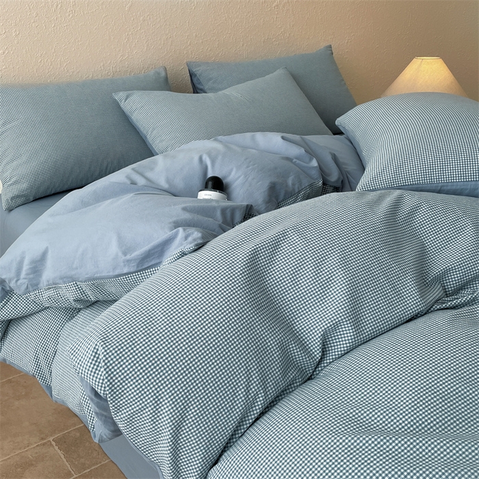 91家纺网 家纺一手货源 找家纺 曲之慕 2025新款简约纯色全棉纯棉色织水洗棉四件套 维希格调-蓝