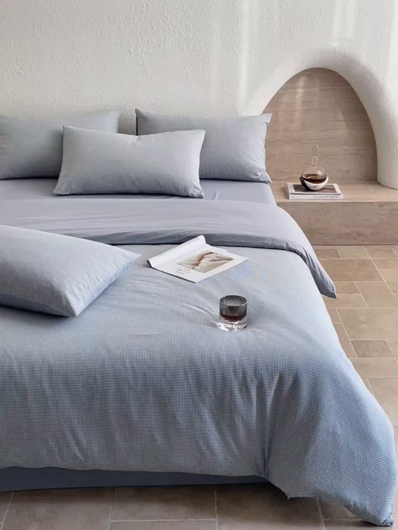 91家纺网 家纺一手货源 找家纺 曲之慕 2025新款简约纯色全棉纯棉色织水洗棉四件套 维希格调-蓝