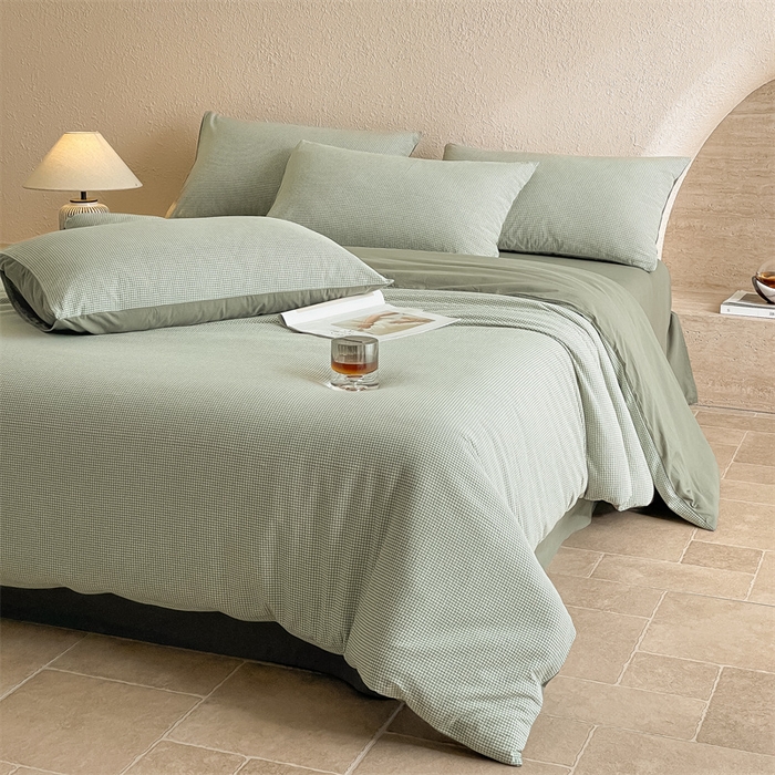 91家纺网 家纺一手货源 找家纺 曲之慕 2025新款简约纯色全棉纯棉色织水洗棉四件套 维希格调-绿