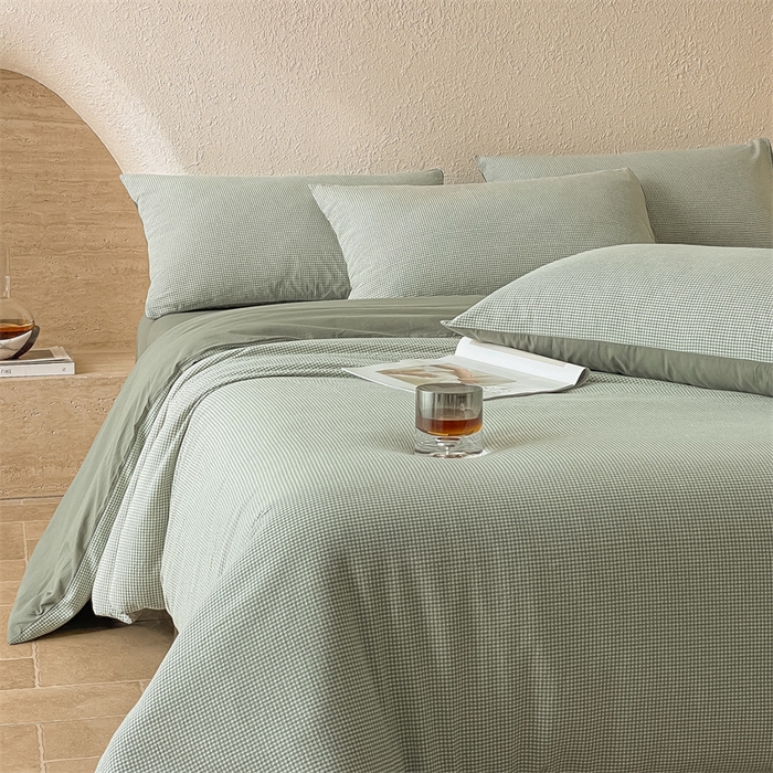 91家纺网 家纺一手货源 找家纺 曲之慕 2025新款简约纯色全棉纯棉色织水洗棉四件套 维希格调-绿