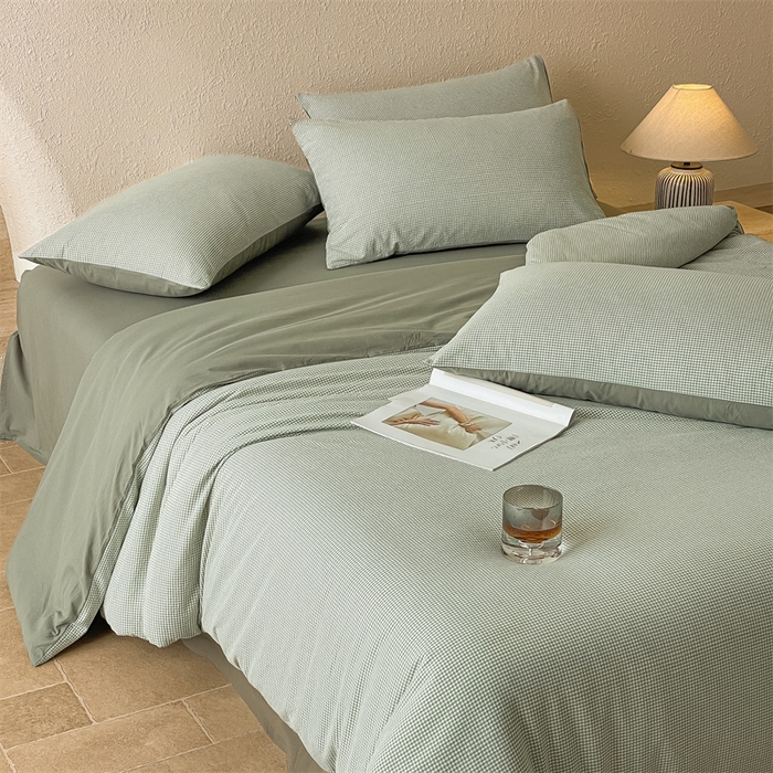 91家纺网 家纺一手货源 找家纺 曲之慕 2025新款简约纯色全棉纯棉色织水洗棉四件套 维希格调-绿