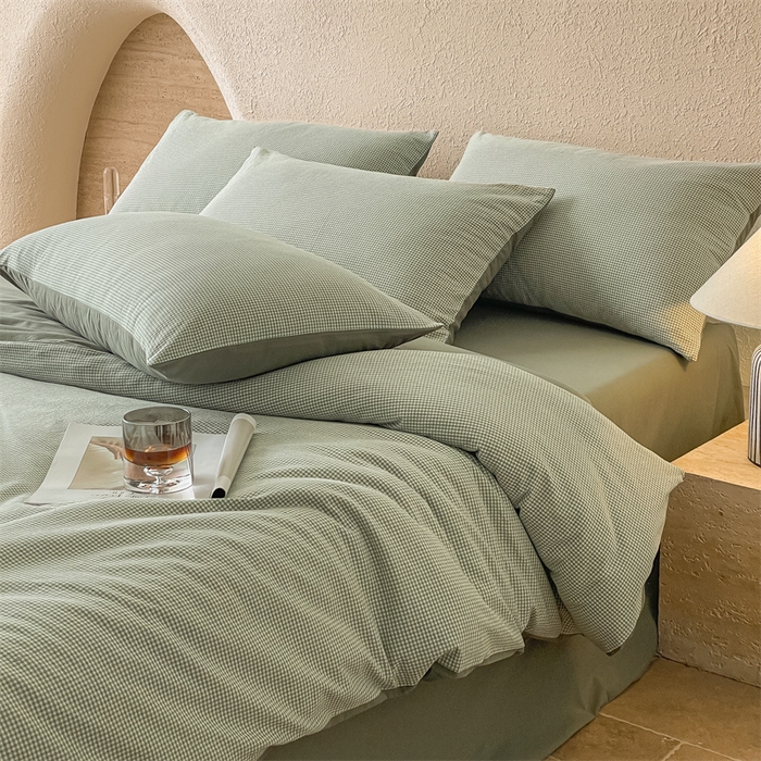 91家纺网 家纺一手货源 找家纺 曲之慕 2025新款简约纯色全棉纯棉色织水洗棉四件套 维希格调-绿