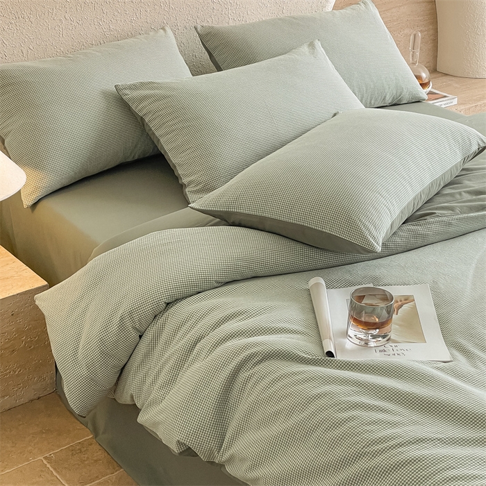 91家纺网 家纺一手货源 找家纺 曲之慕 2025新款简约纯色全棉纯棉色织水洗棉四件套 维希格调-绿