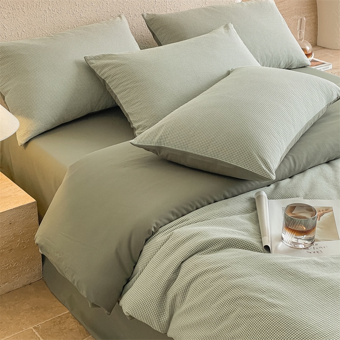 91家纺网 家纺一手货源 找家纺 曲之慕 2025新款简约纯色全棉纯棉色织水洗棉四件套 维希格调-绿
