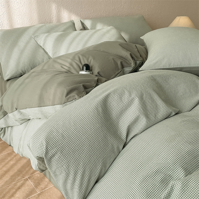 91家纺网 家纺一手货源 找家纺 曲之慕 2025新款简约纯色全棉纯棉色织水洗棉四件套 维希格调-绿