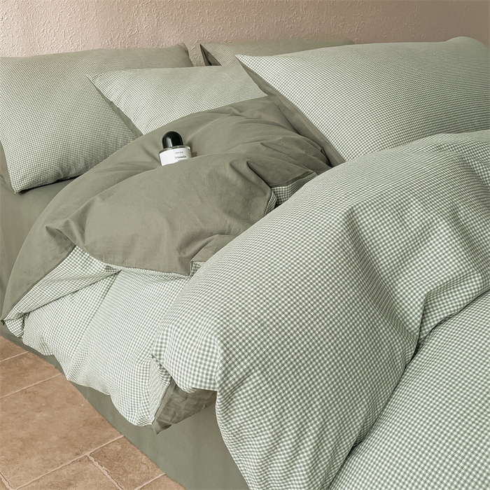91家纺网 家纺一手货源 找家纺 曲之慕 2025新款简约纯色全棉纯棉色织水洗棉四件套 维希格调-绿