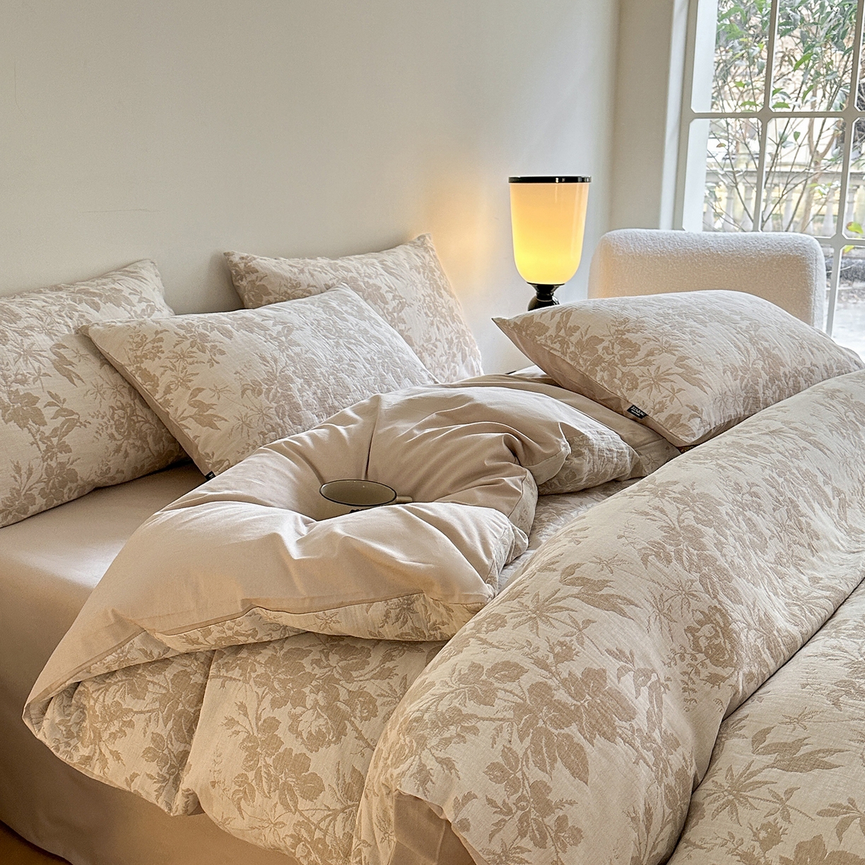 91家纺网 家纺一手货源 找家纺 宜代光年 2025新款60S水洗棉提花单品被套 繁花-咖