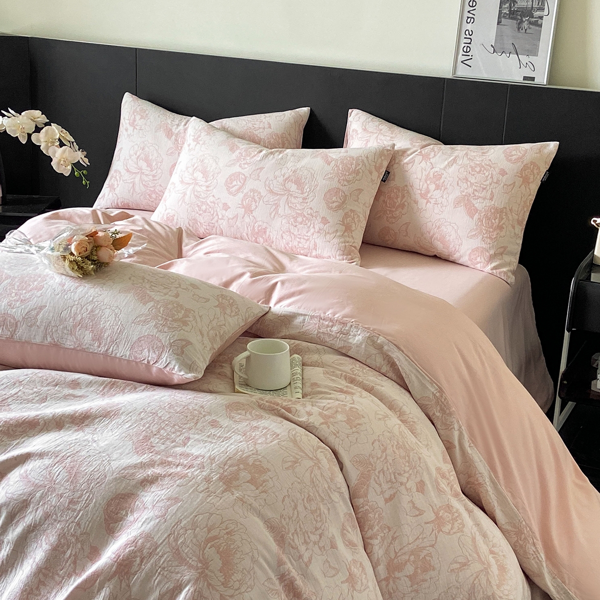 91家纺网 家纺一手货源 找家纺 宜代光年 2025新款60S水洗棉提花单品被套 牡丹-粉