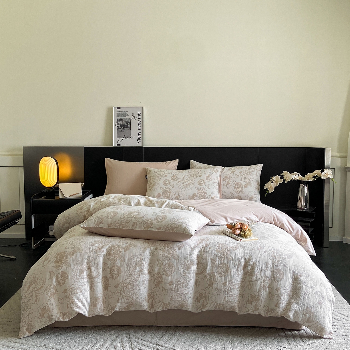 91家纺网 家纺一手货源 找家纺 宜代光年 2025新款60S水洗棉提花单品被套 牡丹-咖