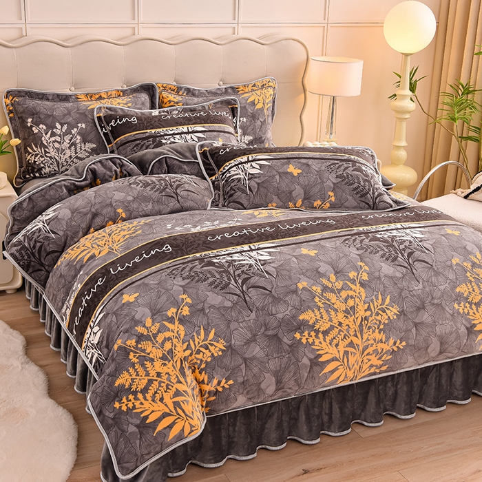 赫本 2025新品8斤爆品牛奶绒四件套床裙款金雕绒法莱绒四套件  黄金叶