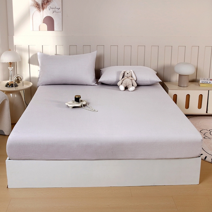 91家纺网 家纺一手货源 找家纺 一诺家居 2025新款A类云感双层纱纯色床笠针织棉母婴级裸睡床笠三件套 量大可优惠 暮云灰