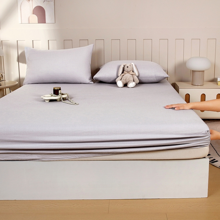 91家纺网 家纺一手货源 找家纺 一诺家居 2025新款A类云感双层纱纯色床笠针织棉母婴级裸睡床笠三件套 量大可优惠 暮云灰