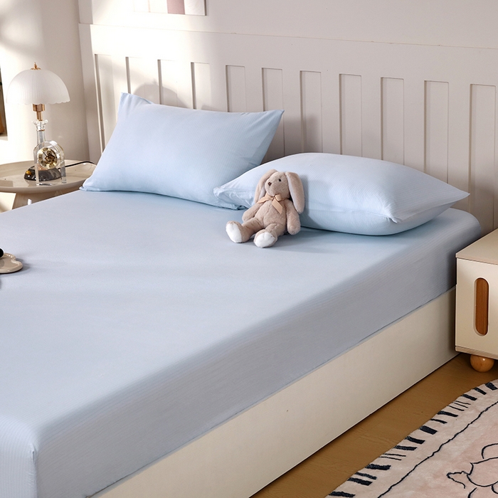 91家纺网 家纺一手货源 找家纺 一诺家居 2025新款A类云感双层纱纯色床笠针织棉母婴级裸睡床笠三件套 量大可优惠 月光蓝