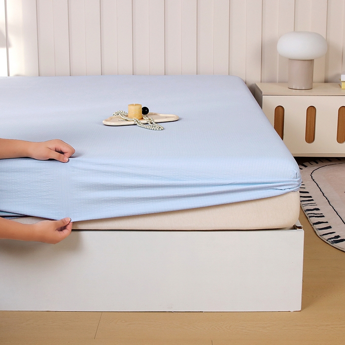 91家纺网 家纺一手货源 找家纺 一诺家居 2025新款A类云感双层纱纯色床笠针织棉母婴级裸睡床笠三件套 量大可优惠 月光蓝