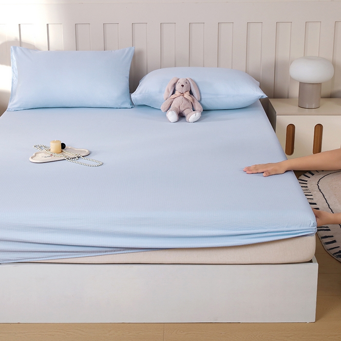 91家纺网 家纺一手货源 找家纺 一诺家居 2025新款A类云感双层纱纯色床笠针织棉母婴级裸睡床笠三件套 量大可优惠 月光蓝