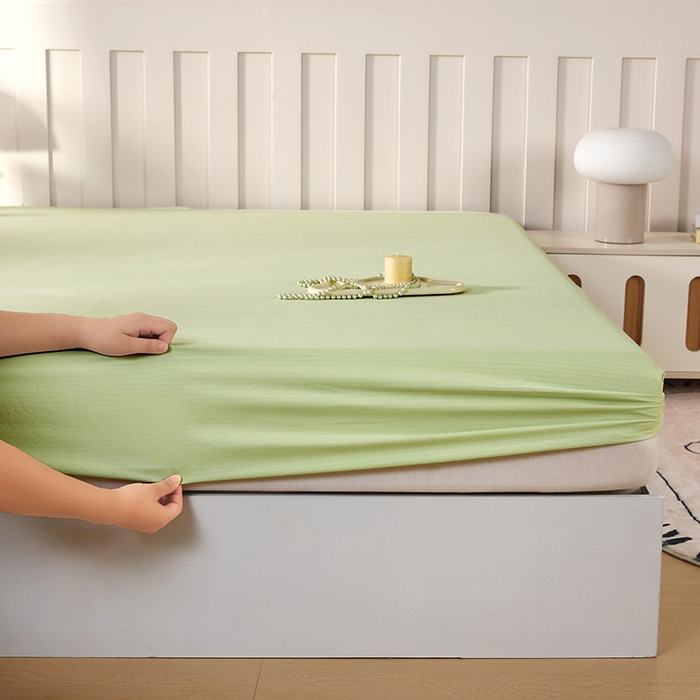 91家纺网 家纺一手货源 找家纺 一诺家居 2025新款A类云感双层纱纯色床笠针织棉母婴级裸睡床笠三件套 量大可优惠 豆蔻绿