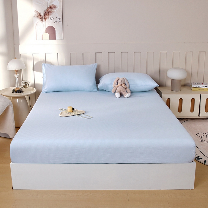 91家纺网 家纺一手货源 找家纺 一诺家居 2025新款A类云感双层纱纯色床笠针织棉母婴级裸睡床笠三件套 量大可优惠 月光蓝