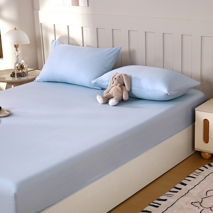 91家纺网 家纺一手货源 找家纺 一诺家居 2025新款A类云感双层纱纯色床笠针织棉母婴级裸睡床笠三件套 量大可优惠 天空蓝