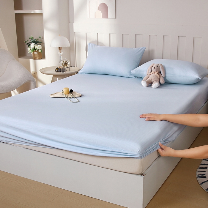 91家纺网 家纺一手货源 找家纺 一诺家居 2025新款A类云感双层纱纯色床笠针织棉母婴级裸睡床笠三件套 量大可优惠 月光蓝