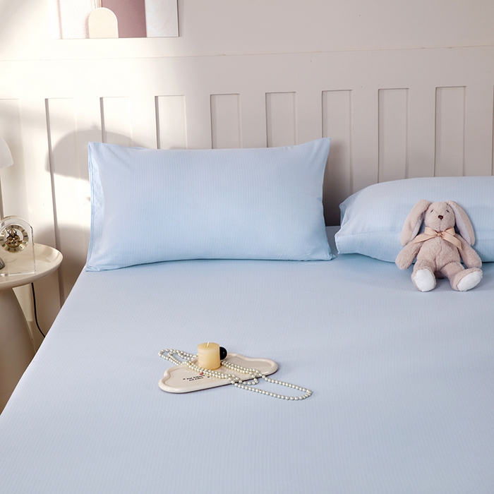 91家纺网 家纺一手货源 找家纺 一诺家居 2025新款A类云感双层纱纯色床笠针织棉母婴级裸睡床笠三件套 量大可优惠 月光蓝