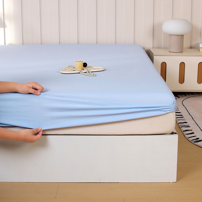 91家纺网 家纺一手货源 找家纺 一诺家居 2025新款A类云感双层纱纯色床笠针织棉母婴级裸睡床笠三件套 量大可优惠 天空蓝