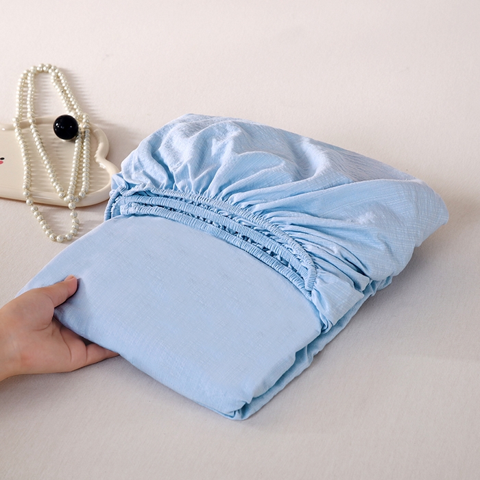 91家纺网 家纺一手货源 找家纺 一诺家居 2025新款A类云感双层纱纯色床笠针织棉母婴级裸睡床笠三件套 量大可优惠 天空蓝