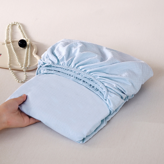 91家纺网 家纺一手货源 找家纺 一诺家居 2025新款A类云感双层纱纯色床笠针织棉母婴级裸睡床笠三件套 量大可优惠 月光蓝