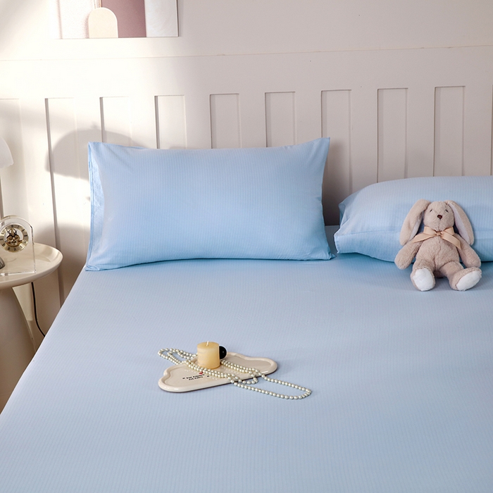 91家纺网 家纺一手货源 找家纺 一诺家居 2025新款A类云感双层纱纯色床笠针织棉母婴级裸睡床笠三件套 量大可优惠 天空蓝