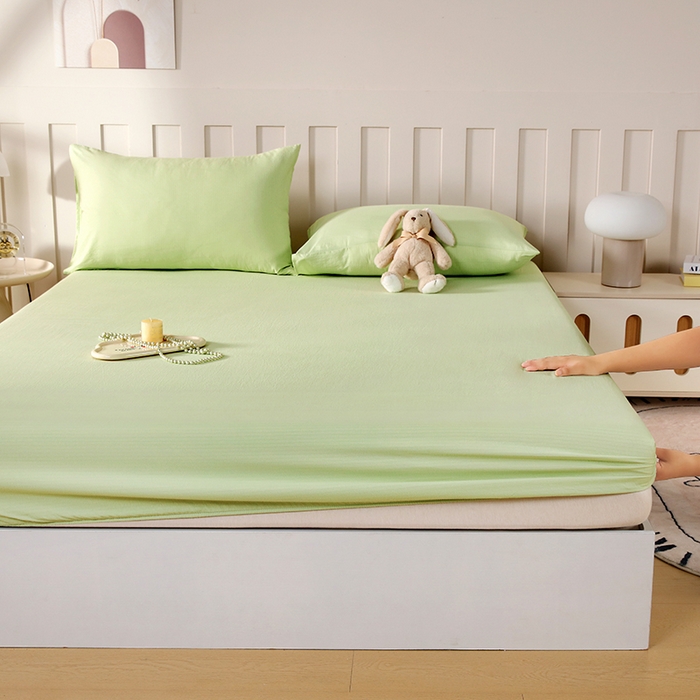 91家纺网 家纺一手货源 找家纺 一诺家居 2025新款A类云感双层纱纯色床笠针织棉母婴级裸睡床笠三件套 量大可优惠 豆蔻绿