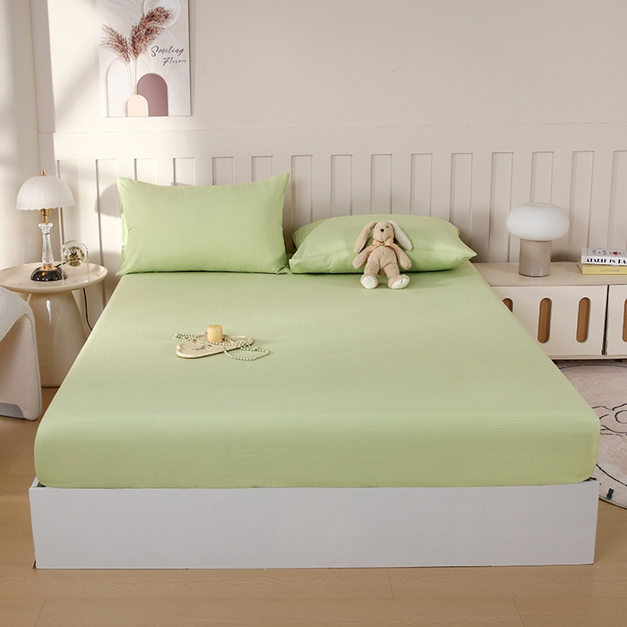 91家纺网 家纺一手货源 找家纺 一诺家居 2025新款A类云感双层纱纯色床笠针织棉母婴级裸睡床笠三件套 量大可优惠 豆蔻绿