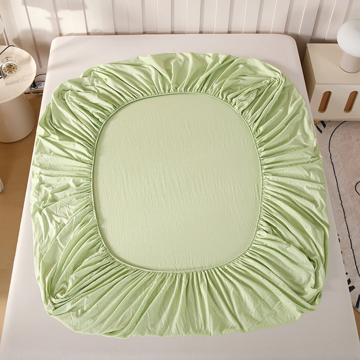 91家纺网 家纺一手货源 找家纺 一诺家居 2025新款A类云感双层纱纯色床笠针织棉母婴级裸睡床笠三件套 量大可优惠 豆蔻绿