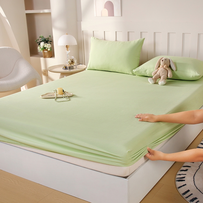 91家纺网 家纺一手货源 找家纺 一诺家居 2025新款A类云感双层纱纯色床笠针织棉母婴级裸睡床笠三件套 量大可优惠 豆蔻绿