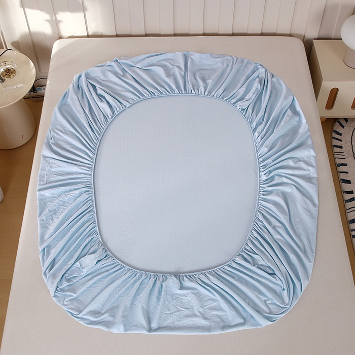 91家纺网 家纺一手货源 找家纺 一诺家居 2025新款A类云感双层纱纯色床笠针织棉母婴级裸睡床笠三件套 量大可优惠 月光蓝