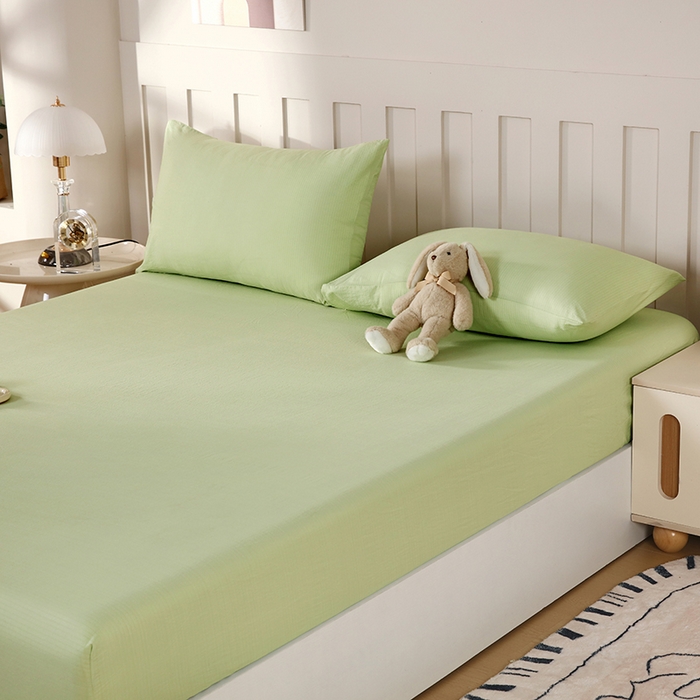 91家纺网 家纺一手货源 找家纺 一诺家居 2025新款A类云感双层纱纯色床笠针织棉母婴级裸睡床笠三件套 量大可优惠 豆蔻绿