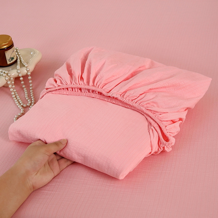 91家纺网 家纺一手货源 找家纺 一诺家居 2025新款A类云感双层纱纯色床笠针织棉母婴级裸睡床笠三件套 量大可优惠 优雅粉