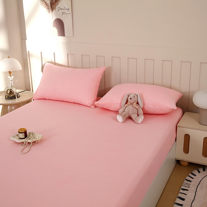 91家纺网 家纺一手货源 找家纺 一诺家居 2025新款A类云感双层纱纯色床笠针织棉母婴级裸睡床笠三件套 量大可优惠 优雅粉