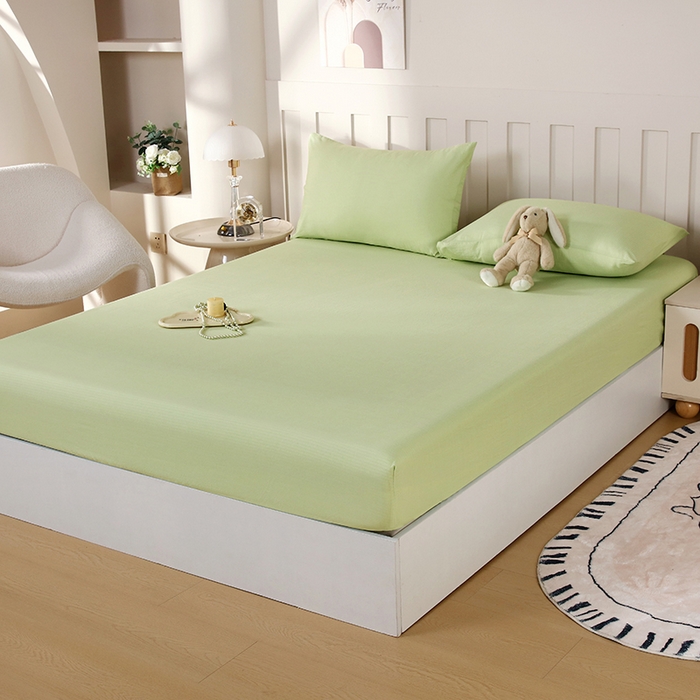 91家纺网 家纺一手货源 找家纺 一诺家居 2025新款A类云感双层纱纯色床笠针织棉母婴级裸睡床笠三件套 量大可优惠 豆蔻绿