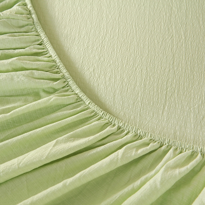 91家纺网 家纺一手货源 找家纺 一诺家居 2025新款A类云感双层纱纯色床笠针织棉母婴级裸睡床笠三件套 量大可优惠 豆蔻绿