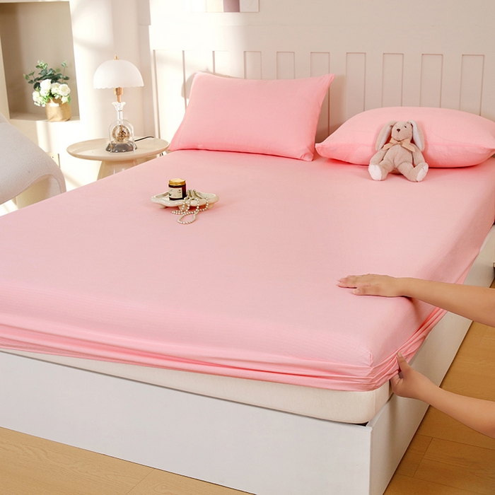 91家纺网 家纺一手货源 找家纺 一诺家居 2025新款A类云感双层纱纯色床笠针织棉母婴级裸睡床笠三件套 量大可优惠 优雅粉