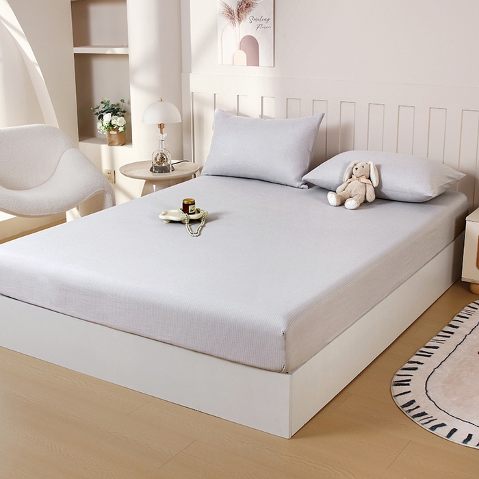 91家纺网 家纺一手货源 找家纺 一诺家居 2025新款A类云感双层纱纯色床笠针织棉母婴级裸睡床笠三件套 量大可优惠 暮云灰