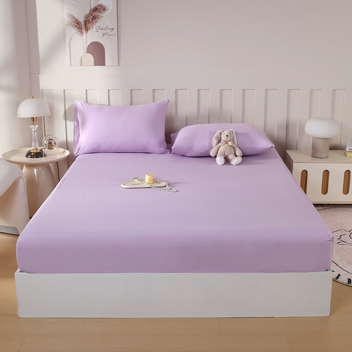 91家纺网 家纺一手货源 找家纺 一诺家居 2025新款A类云感双层纱纯色床笠针织棉母婴级裸睡床笠三件套 量大可优惠 熏衣紫