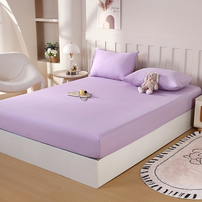 91家纺网 家纺一手货源 找家纺 一诺家居 2025新款A类云感双层纱纯色床笠针织棉母婴级裸睡床笠三件套 量大可优惠 熏衣紫