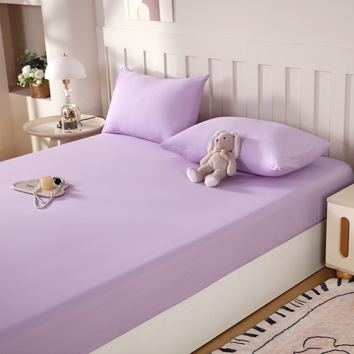 91家纺网 家纺一手货源 找家纺 一诺家居 2025新款A类云感双层纱纯色床笠针织棉母婴级裸睡床笠三件套 量大可优惠 熏衣紫