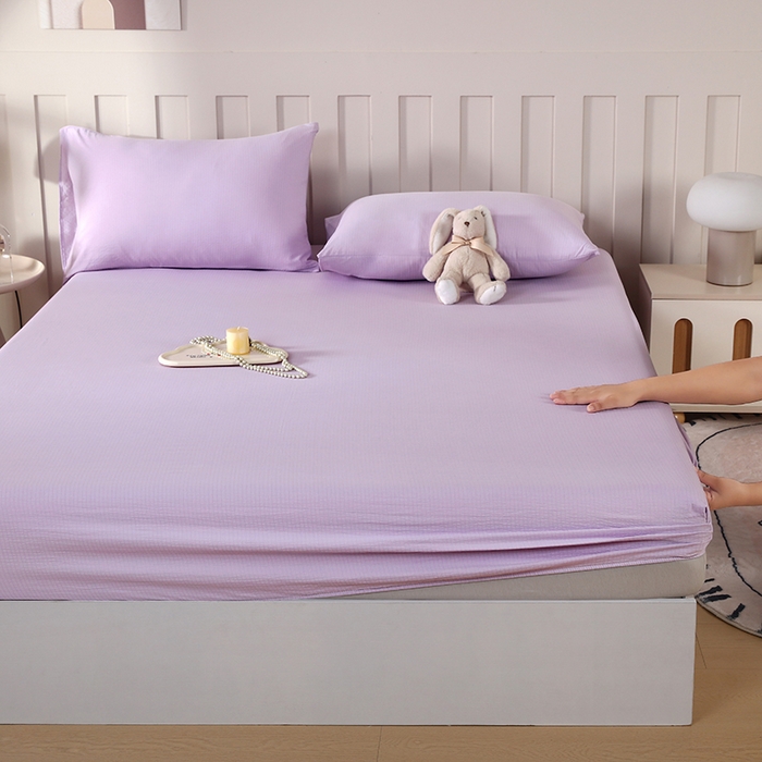 91家纺网 家纺一手货源 找家纺 一诺家居 2025新款A类云感双层纱纯色床笠针织棉母婴级裸睡床笠三件套 量大可优惠 熏衣紫